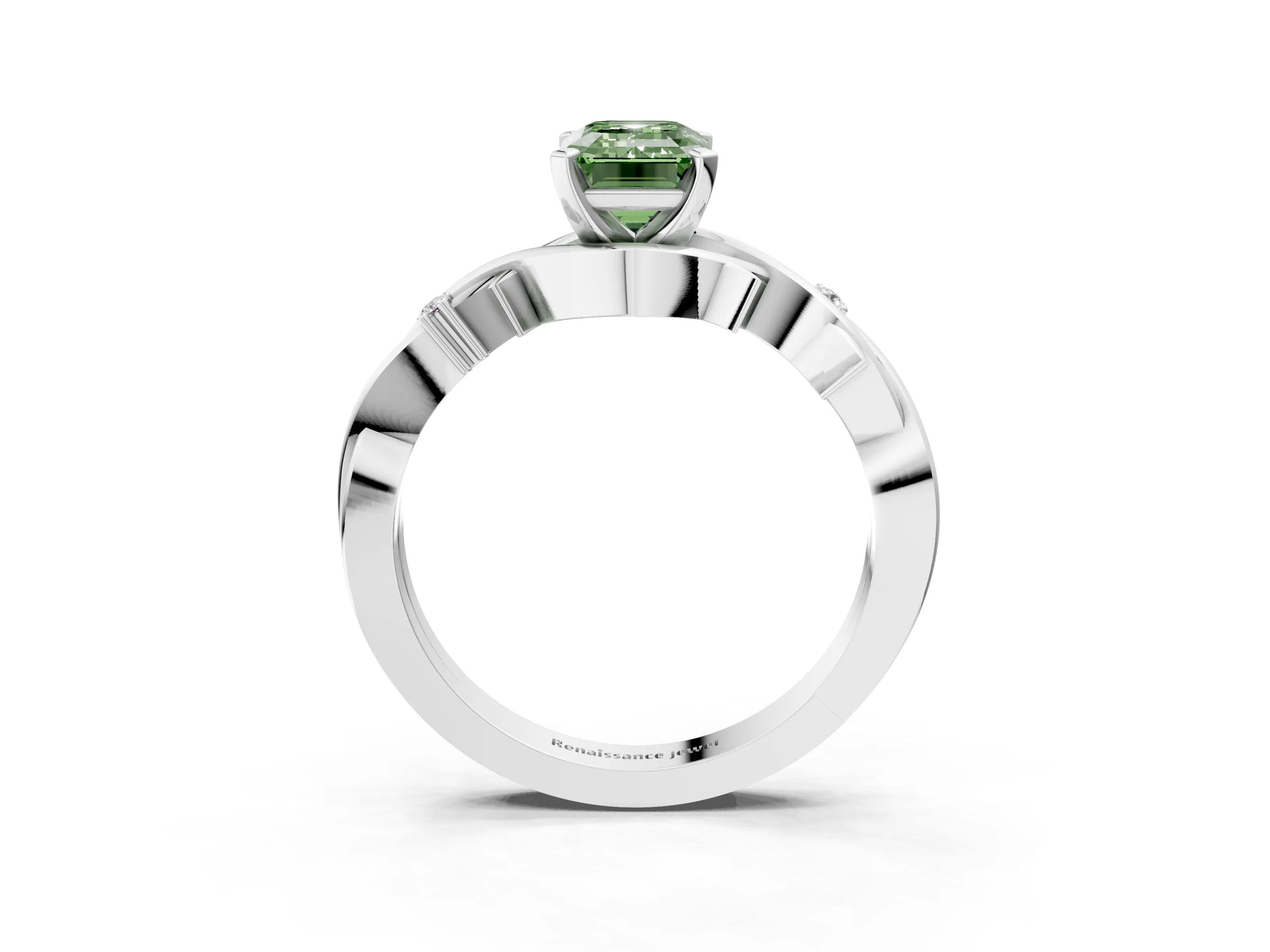 White gold Fancy Green Emerald Cut Diamond Solitaire Ring with Twisted Band and Prong Setting_388