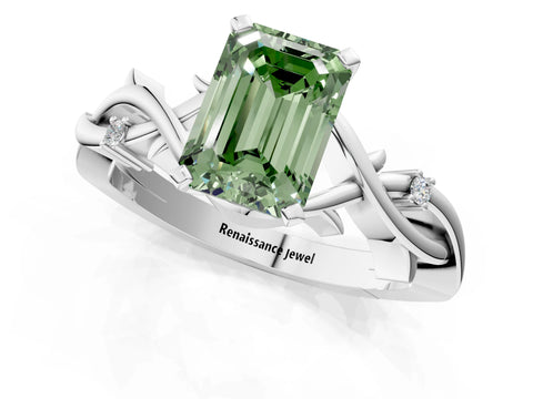 White gold Fancy Green Emerald Cut Diamond Solitaire Ring with Twisted Band and Prong Setting_388