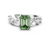 White gold Fancy Green Emerald Cut Diamond Solitaire Ring with Twisted Band and Prong Setting_390