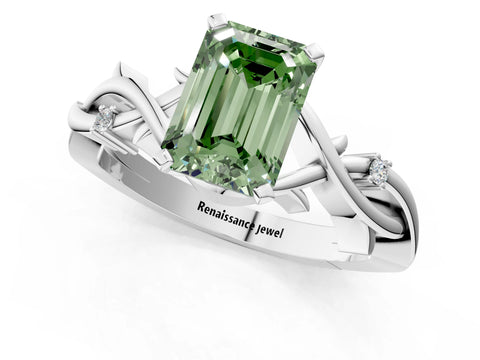 White gold Fancy Green Emerald Cut Diamond Solitaire Ring with Twisted Band and Prong Setting_391
