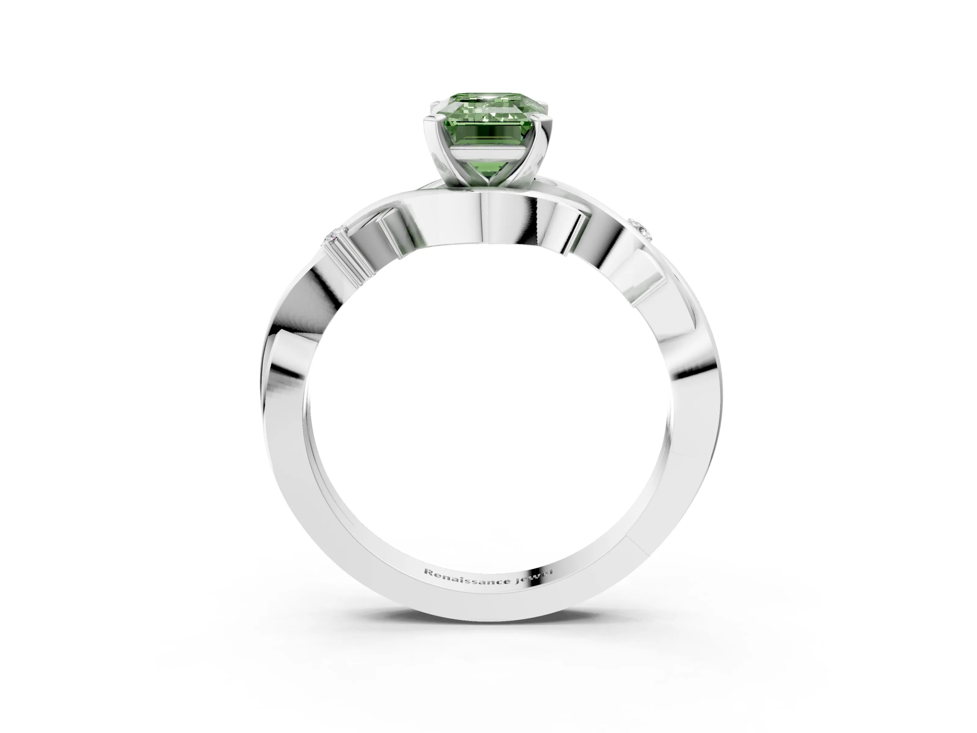 White gold Fancy Green Emerald Cut Diamond Solitaire Ring with Twisted Band and Prong Setting_393