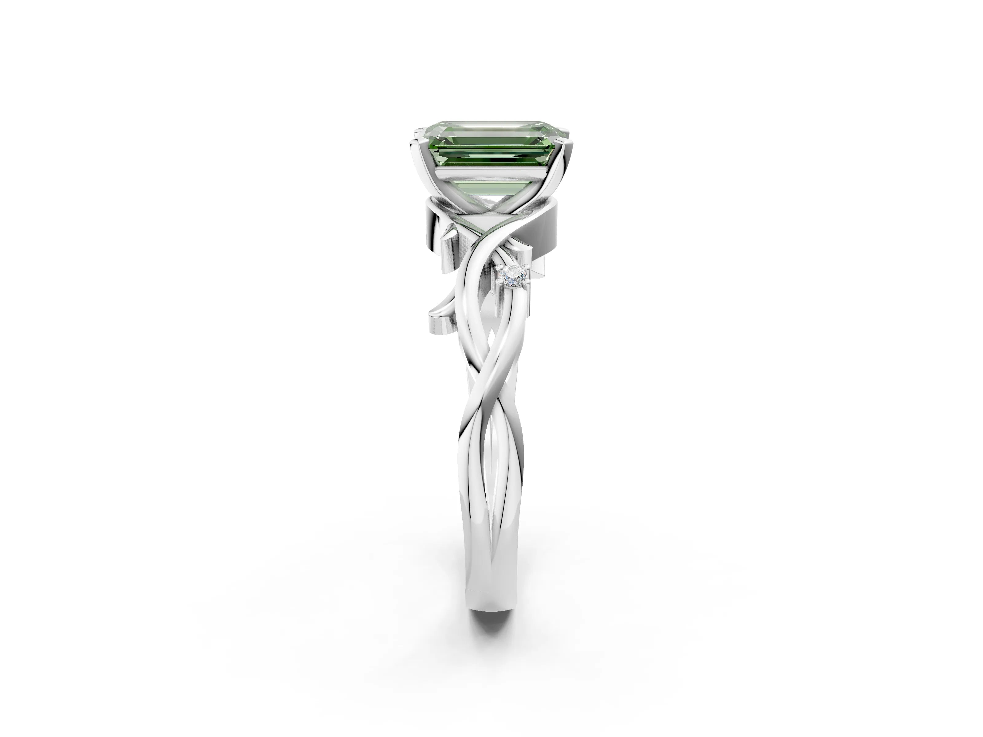 White gold Fancy Green Emerald Cut Diamond Solitaire Ring with Twisted Band and Prong Setting_393