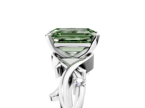 White gold Fancy Green Emerald Cut Diamond Solitaire Ring with Twisted Band and Prong Setting_395