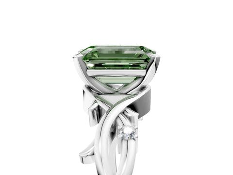White gold Fancy Green Emerald Cut Diamond Solitaire Ring with Twisted Band and Prong Setting_396