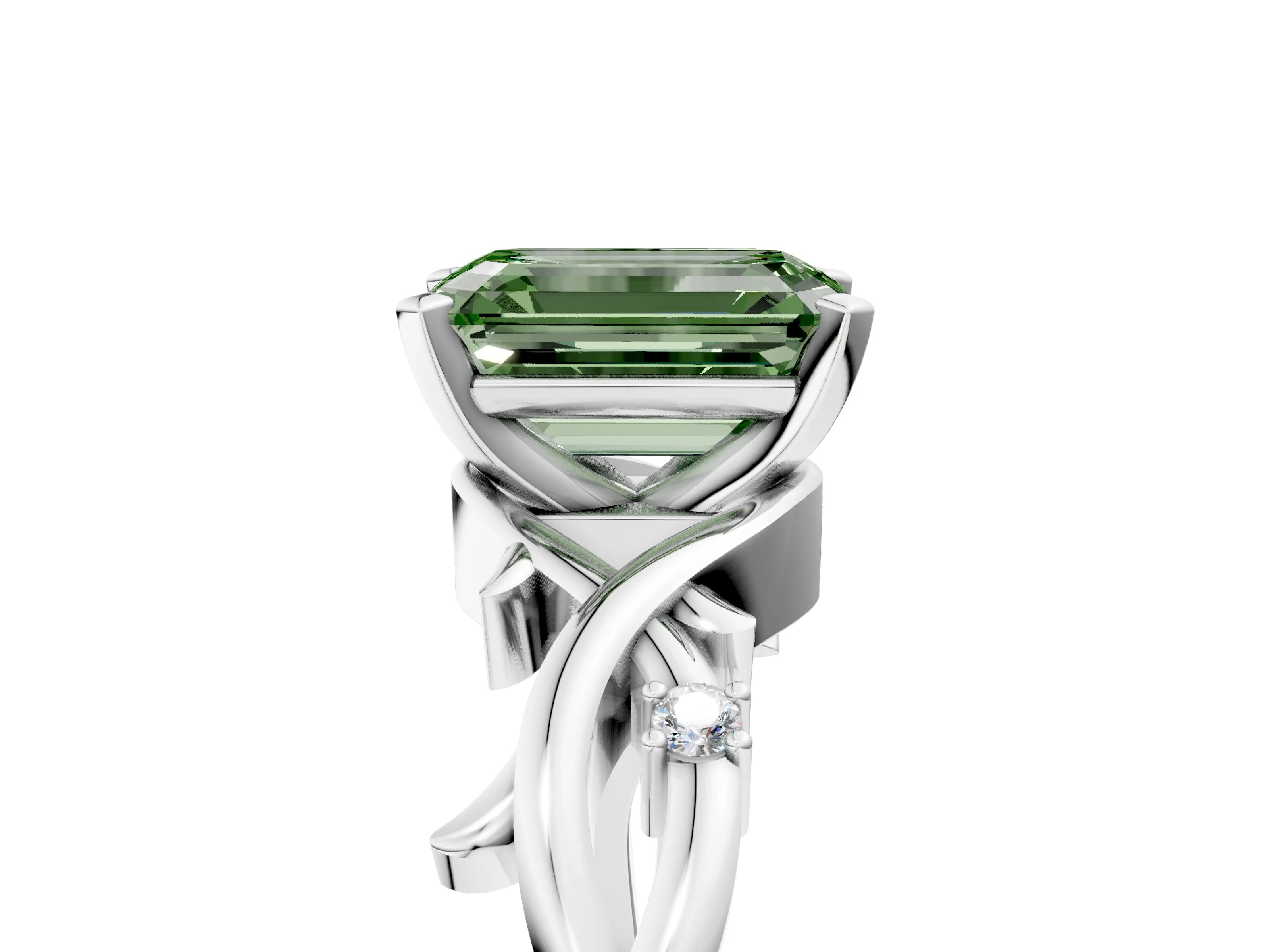 White gold Fancy Green Emerald Cut Diamond Solitaire Ring with Twisted Band and Prong Setting_398