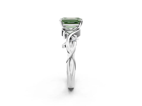 White gold Fancy Green Emerald Cut Diamond Solitaire Ring with Twisted Band and Prong Setting_398