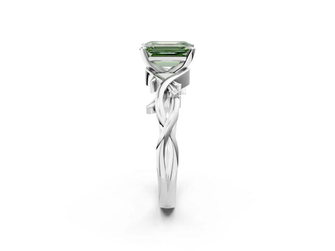 White gold Fancy Green Emerald Cut Diamond Solitaire Ring with Twisted Band and Prong Setting_399