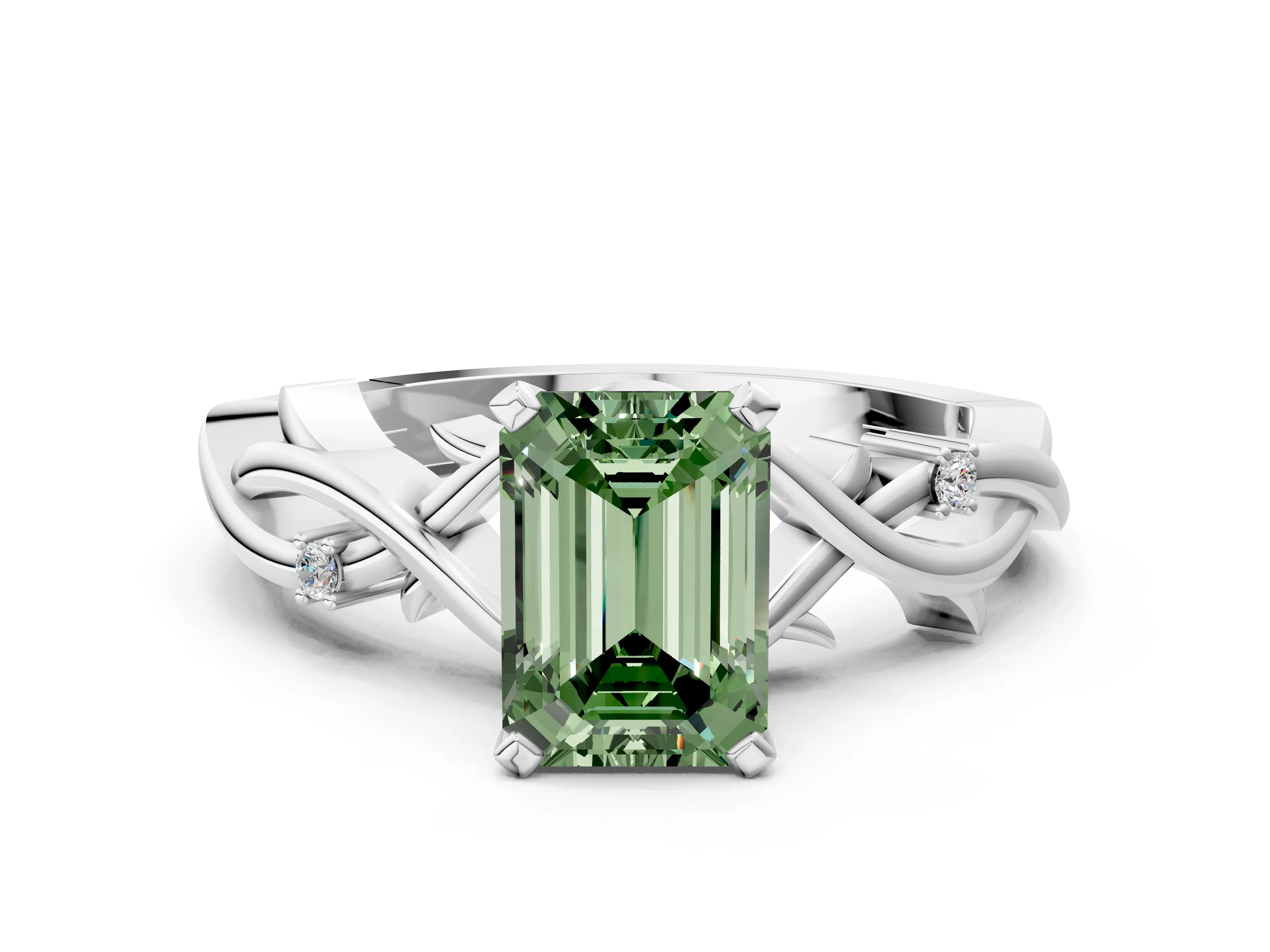 White gold Fancy Green Emerald Cut Diamond Solitaire Ring with Twisted Band and Prong Setting_399