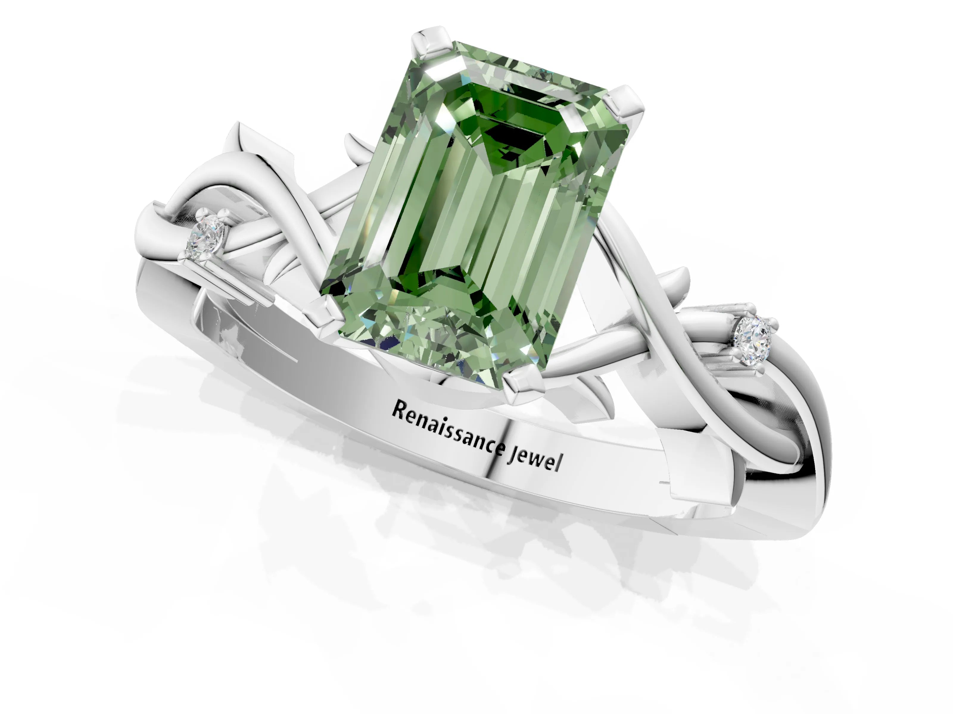 White gold Fancy Green Emerald Cut Diamond Solitaire Ring with Twisted Band and Prong Setting_404