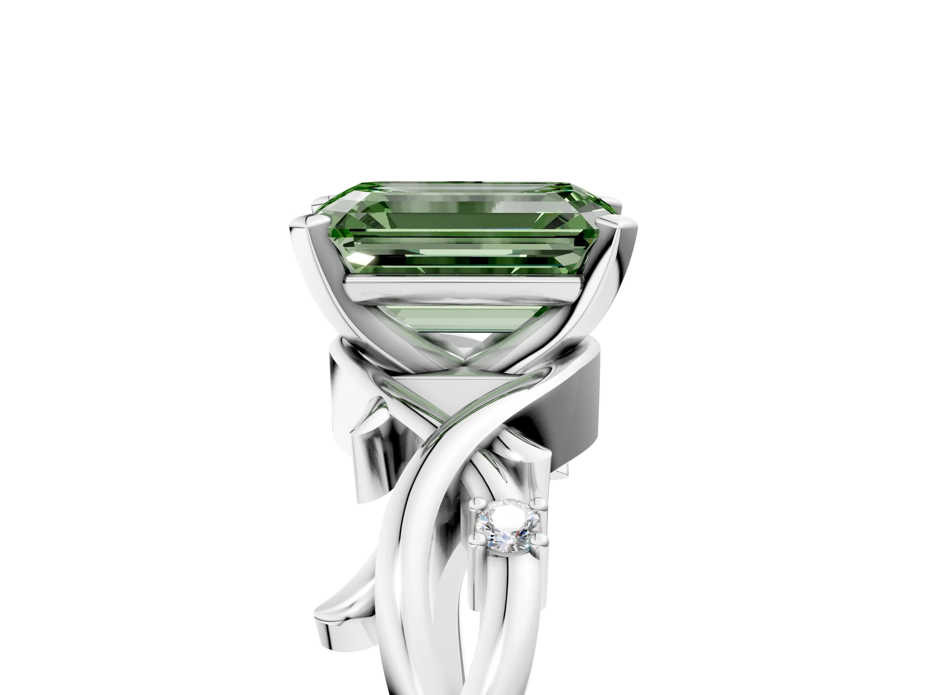 White gold Fancy Green Emerald Cut Diamond Solitaire Ring with Twisted Band and Prong Setting_404