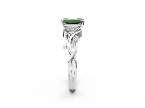 White gold Fancy Green Emerald Cut Diamond Solitaire Ring with Twisted Band and Prong Setting_404