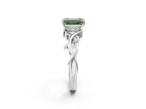 White gold Fancy Green Emerald Cut Diamond Solitaire Ring with Twisted Band and Prong Setting_405