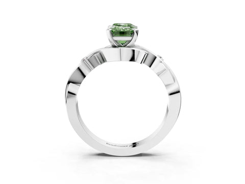 White gold Fancy Green Emerald Cut Diamond Solitaire Ring with Twisted Band and Prong Setting_405