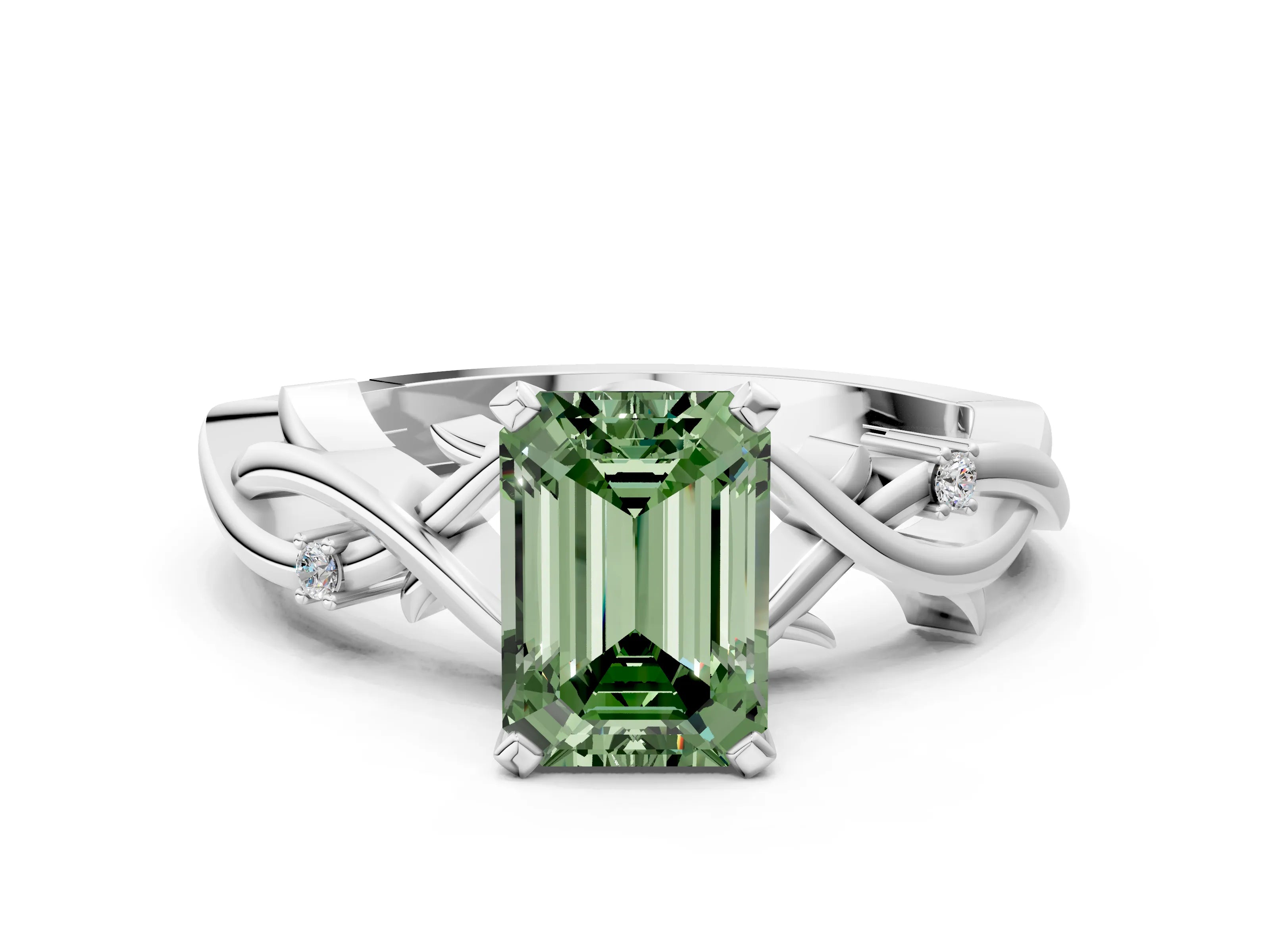 White gold Fancy Green Emerald Cut Diamond Solitaire Ring with Twisted Band and Prong Setting_408