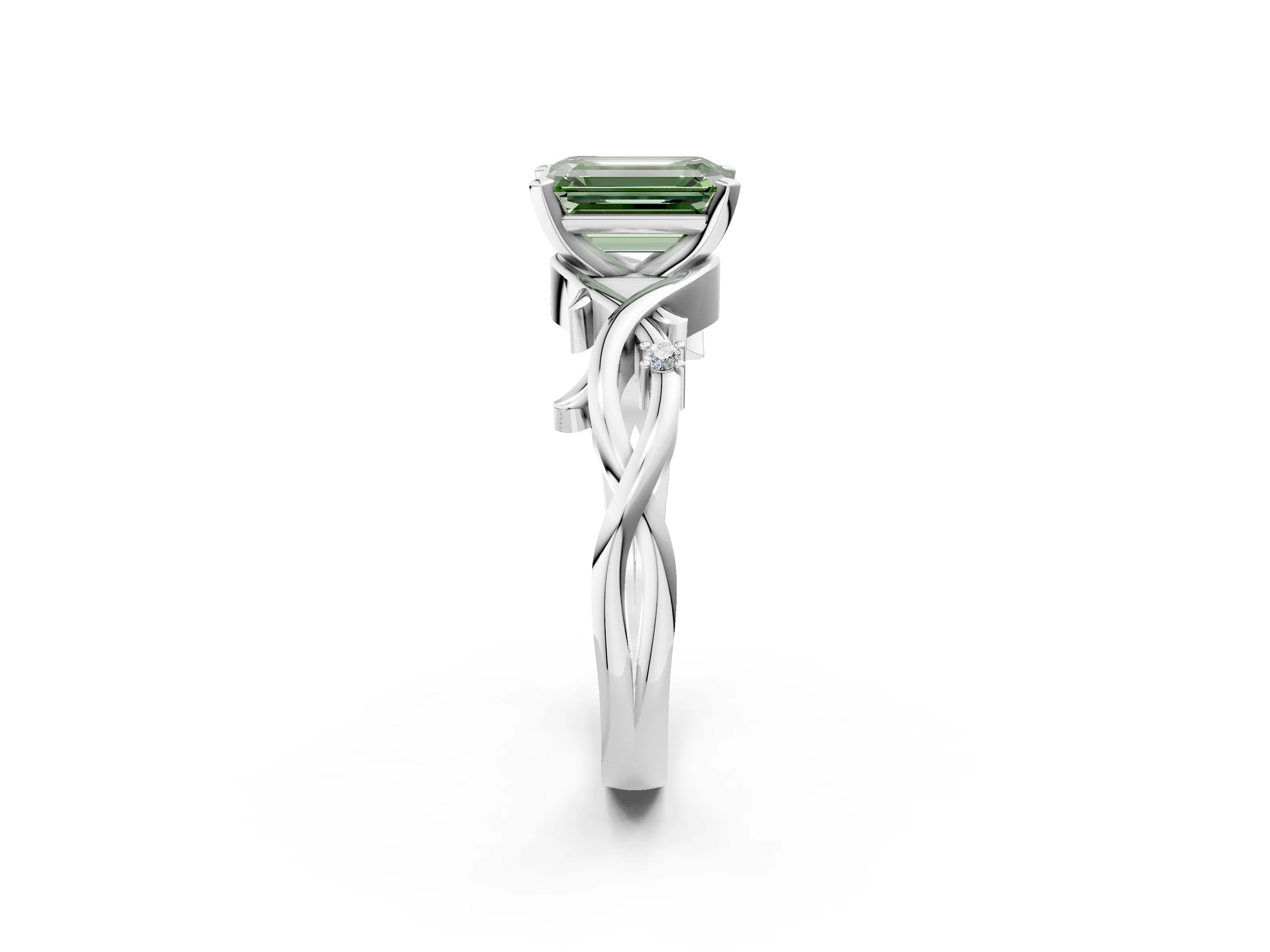 White gold Fancy Green Emerald Cut Diamond Solitaire Ring with Twisted Band and Prong Setting_410