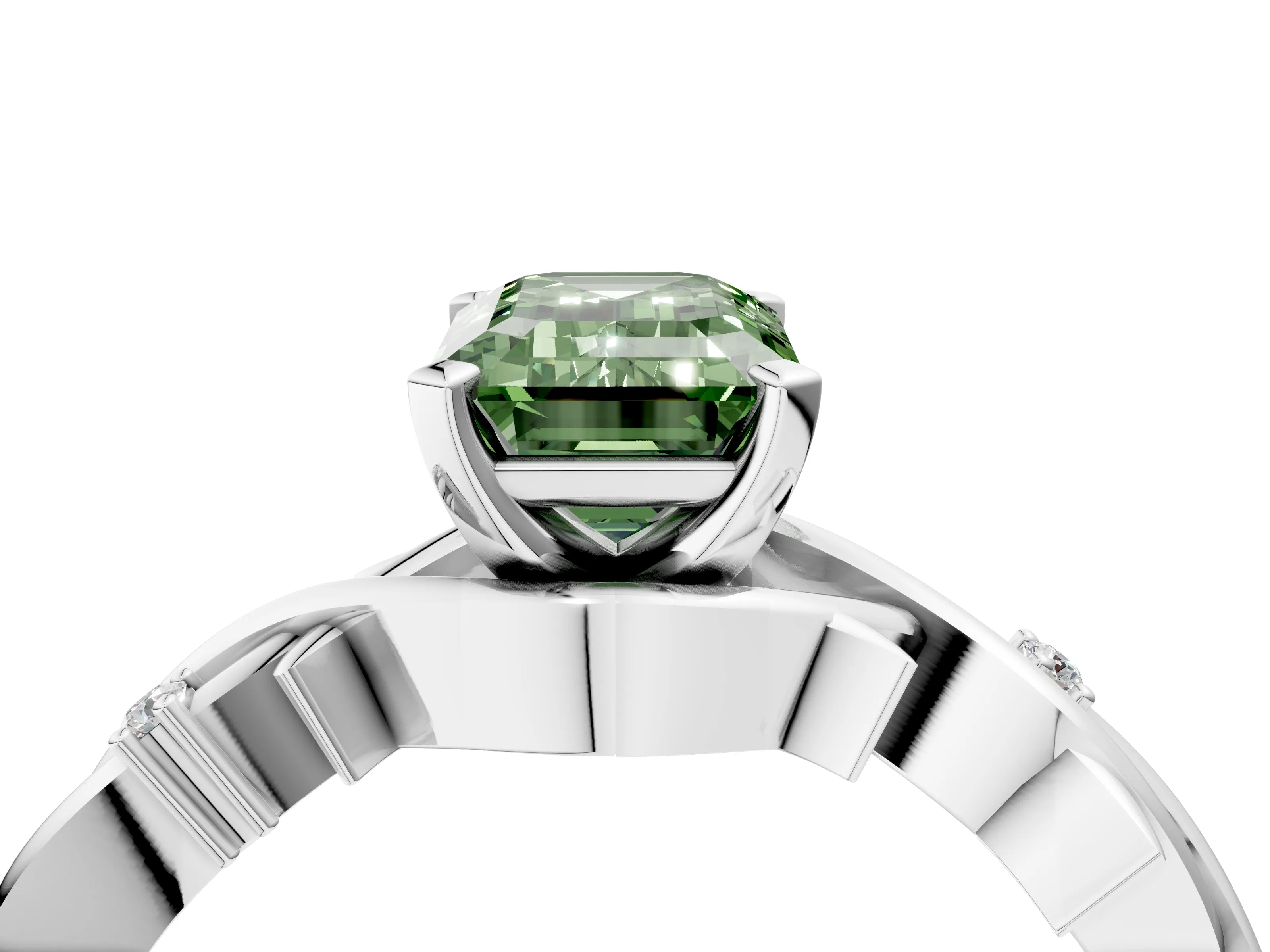 White gold Fancy Green Emerald Cut Diamond Solitaire Ring with Twisted Band and Prong Setting_412