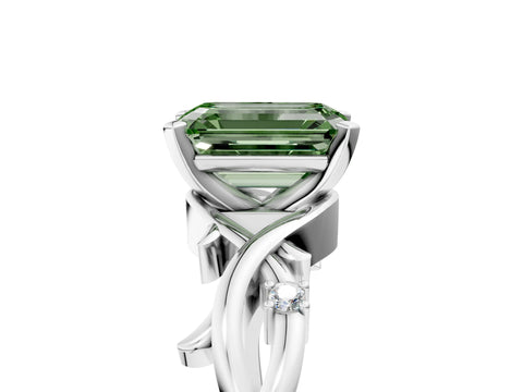 White gold Fancy Green Emerald Cut Diamond Solitaire Ring with Twisted Band and Prong Setting_413