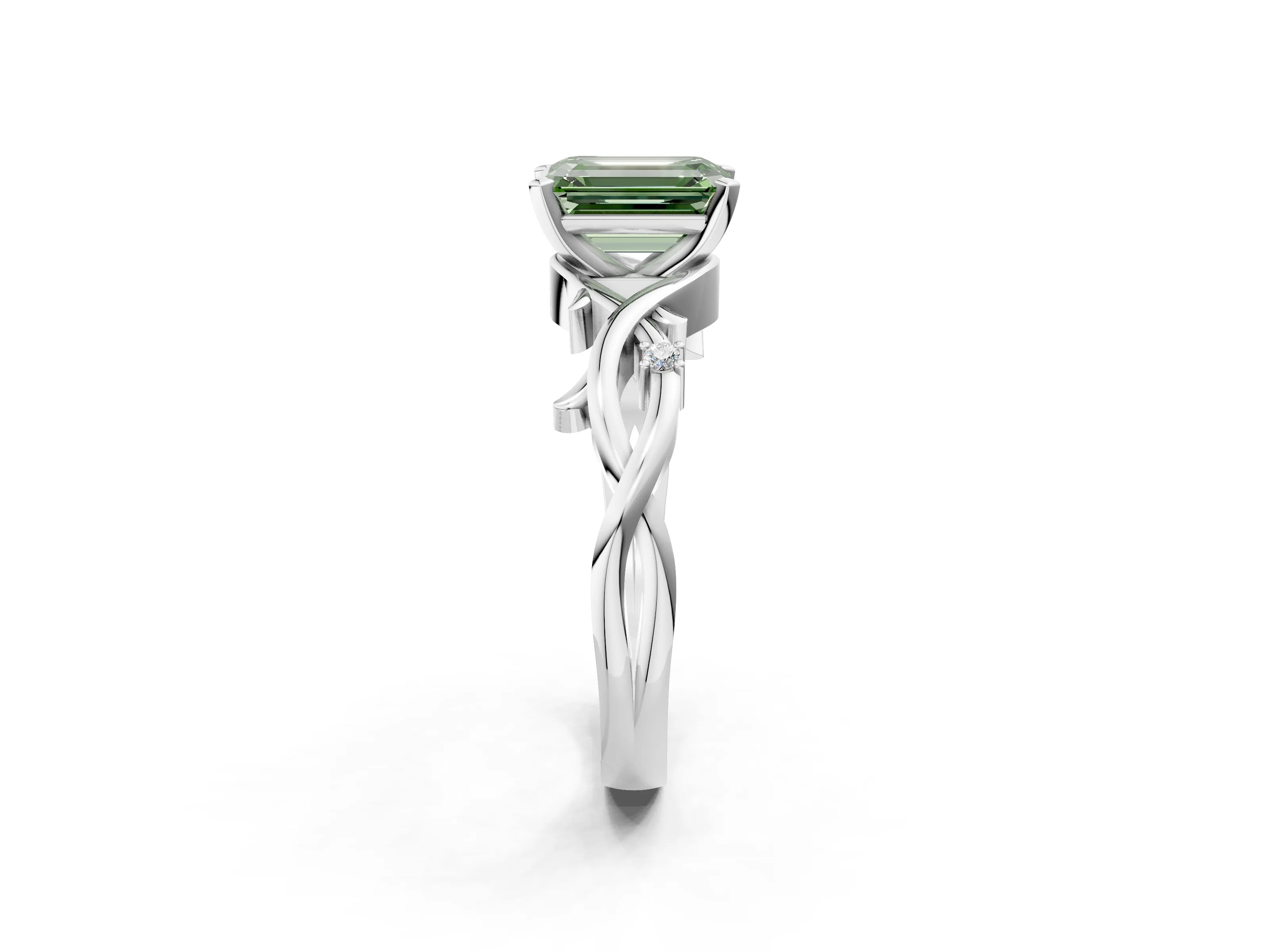 White gold Fancy Green Emerald Cut Diamond Solitaire Ring with Twisted Band and Prong Setting_416