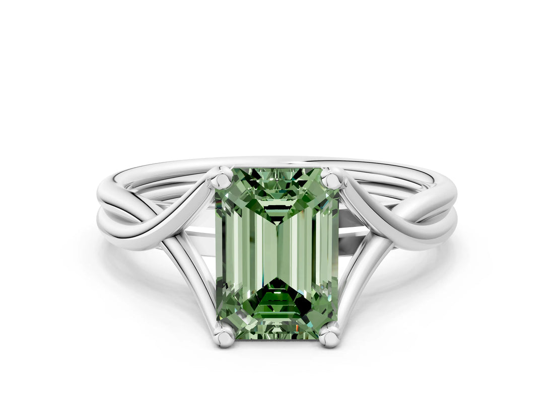 White gold Fancy Green Emerald Cut Diamond Solitaire Twist Band Prong Setting Ring_67