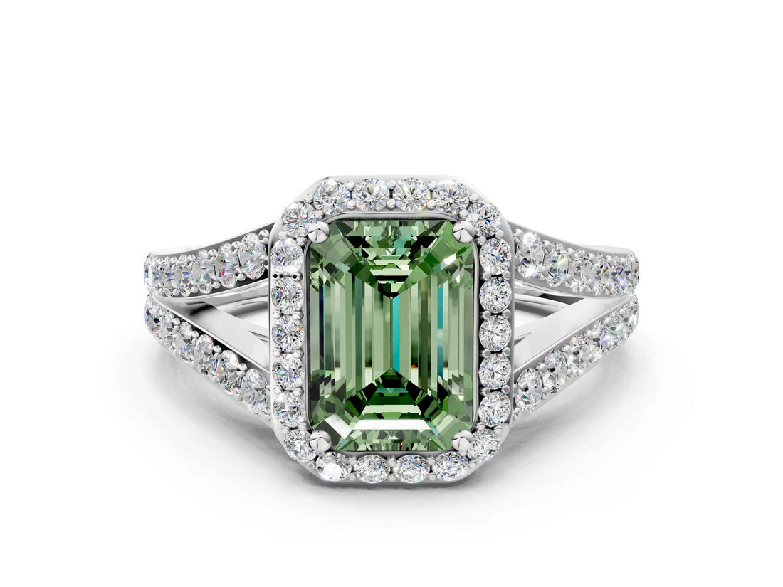 White gold Fancy Green Emerald Cut Diamond Split Shank Halo Ring with Four-Prong Setting_107