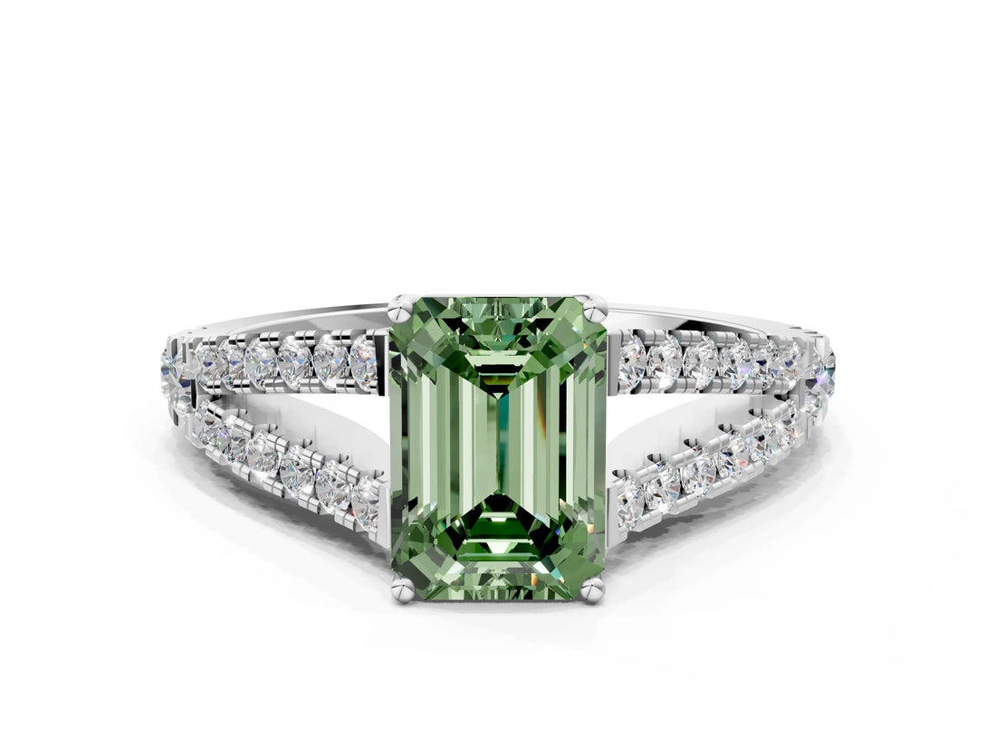 White gold Fancy Green Emerald Cut Diamond Split Shank Pavé Engagement Ring with Four-Prong Setting_68
