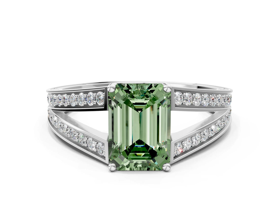 White gold Fancy Green Emerald Cut Diamond Split Shank Ring with Pavé Band and Four-Prong Setting_64