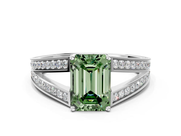 White Gold Emerald Cut Pave Split Shank Engagement Ring Setting for Fancy Green Center