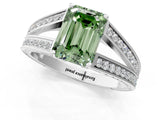 White gold Fancy Green Emerald Cut Diamond Split Shank Ring with Pavé Band and Four-Prong Setting_65