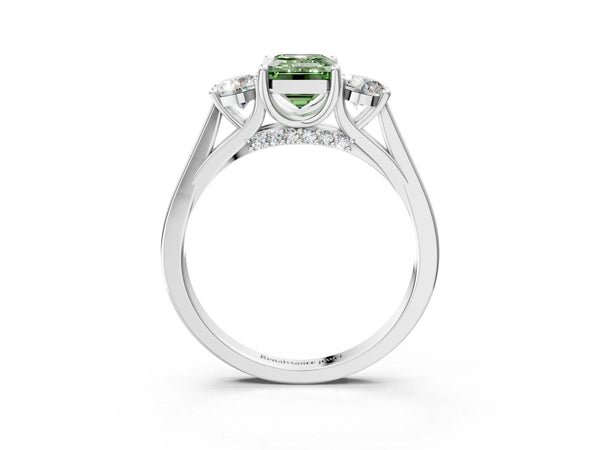 White gold Fancy Green Emerald Cut Diamond Three-Stone Engagement Ring with Prong Setting and Pavé Band