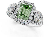 White gold Fancy Green Emerald Cut Diamond Three-Stone Halo Ring with Prong Setting and Pavé Accents_1