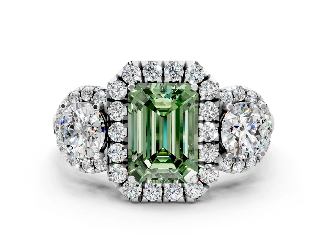 White gold Fancy Green Emerald Cut Diamond Three-Stone Halo Ring with Prong Setting and Pavé Accents
