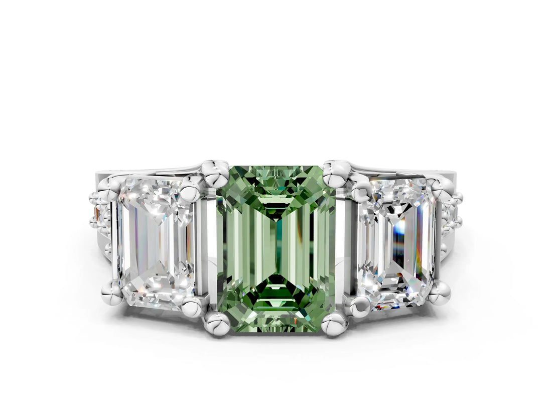 White gold Fancy Green Emerald Cut Diamond Three-Stone Ring with Channel Set Band and Four-Prong Setting_64