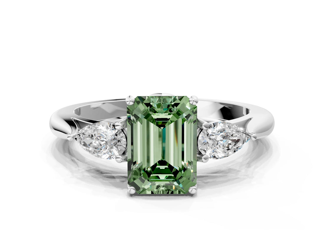White gold Fancy Green Emerald Cut Diamond Three-Stone Ring with Pear  Side Stones and Prong Setting_108