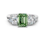 White gold Fancy Green Emerald Cut Diamond Three-Stone Ring with Prong Setting and Classic Band_123