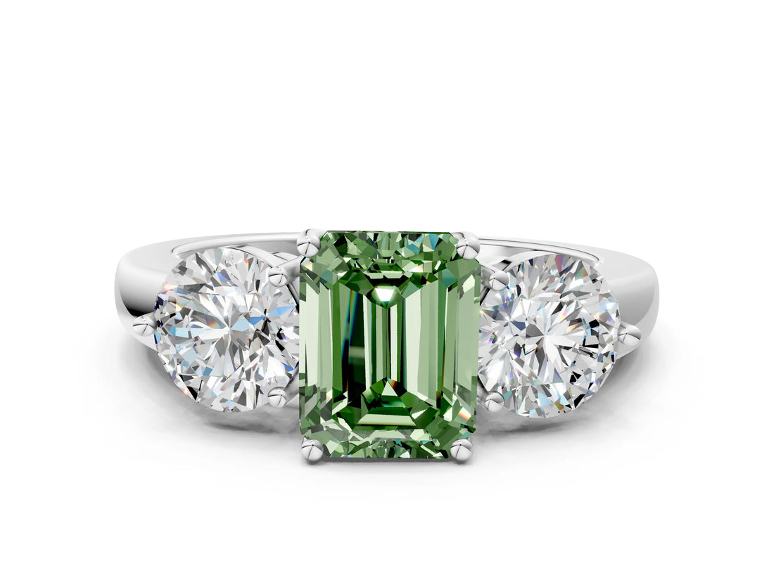 White gold Fancy Green Emerald Cut Diamond Three-Stone Ring with Prong Setting and Classic Band_123