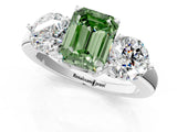 White gold Fancy Green Emerald Cut Diamond Three-Stone Ring with Prong Setting and Classic Band_124