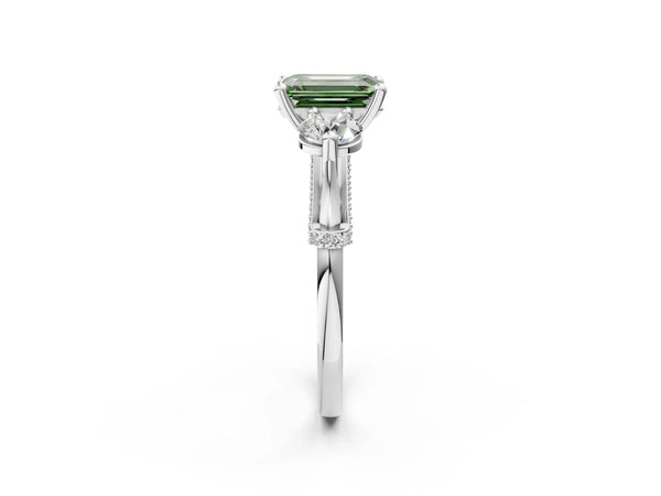 White Gold Emerald Cut Curved Pave Three Stone Engagement Ring Setting for Fancy Green Center