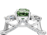 White gold Fancy Green Emerald Cut Diamond Three-Stone Ring with Prong Setting and Pavé Band_4
