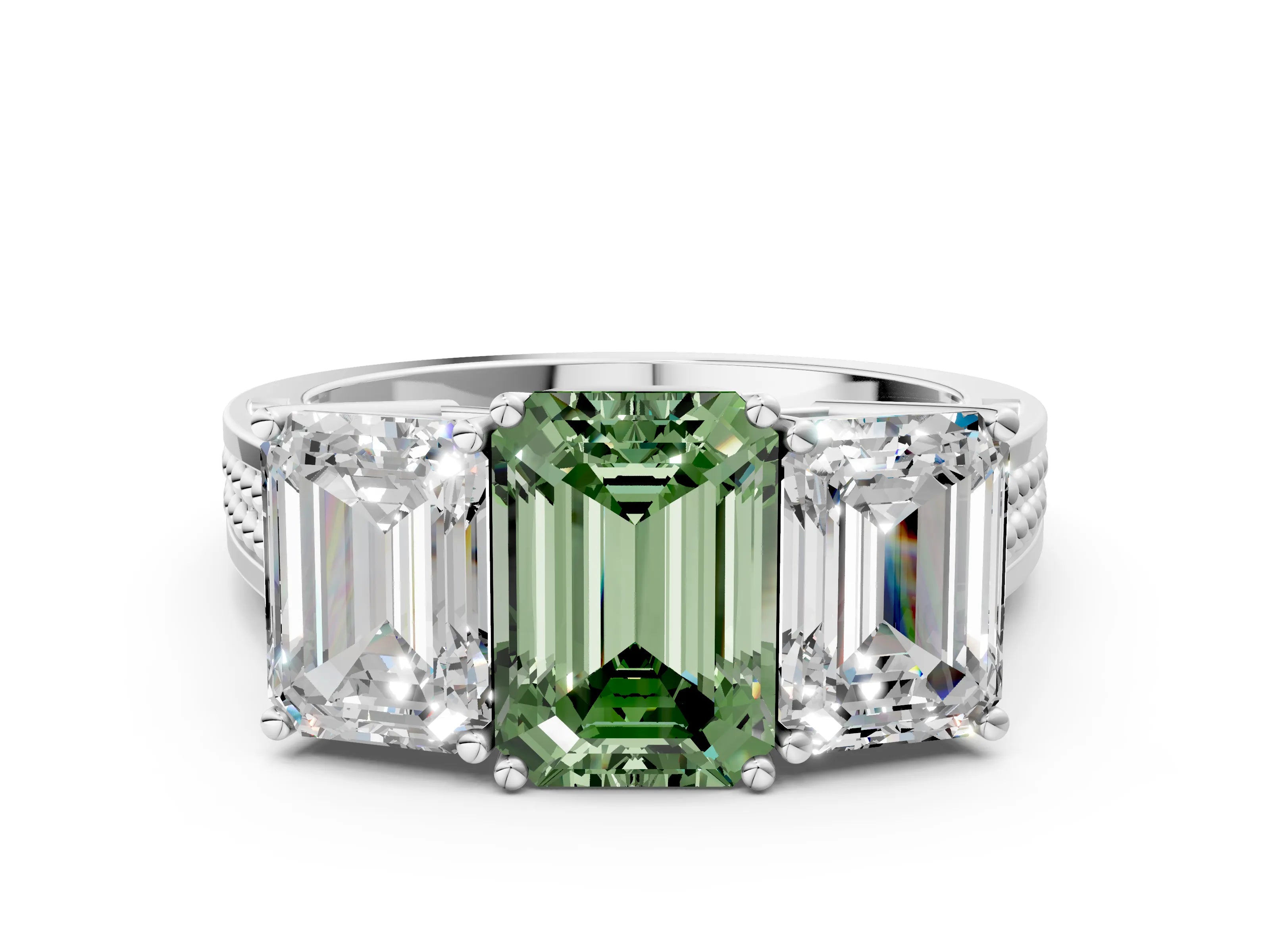 White gold Fancy Green Emerald Cut Diamond Three-Stone Ring with Prong Setting and Textured Band_12