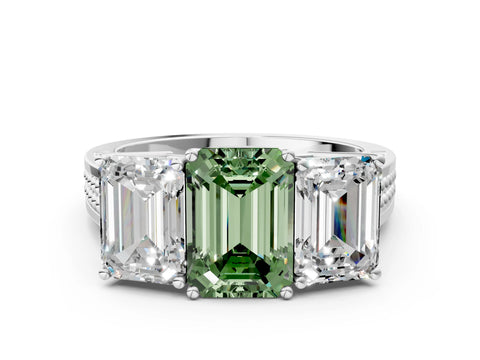 White gold Fancy Green Emerald Cut Diamond Three-Stone Ring with Prong Setting and Textured Band_12
