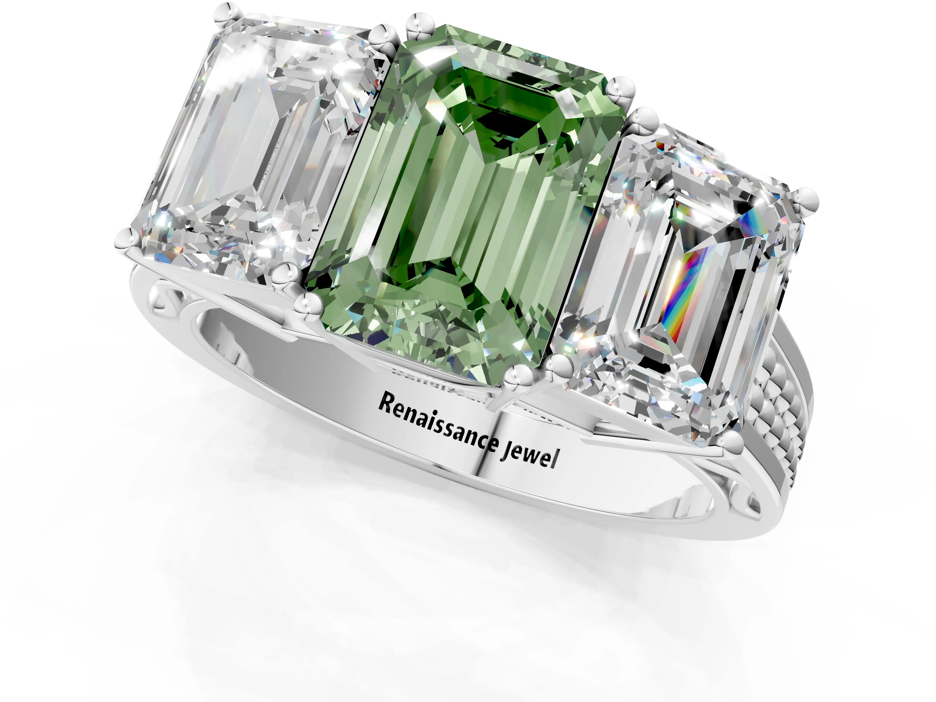 White gold Fancy Green Emerald Cut Diamond Three-Stone Ring with Prong Setting and Textured Band_13