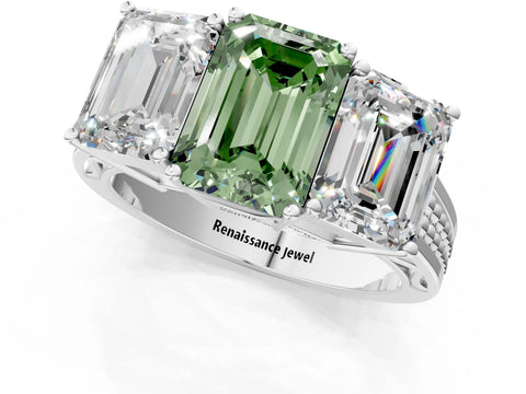 White gold Fancy Green Emerald Cut Diamond Three-Stone Ring with Prong Setting and Textured Band_13