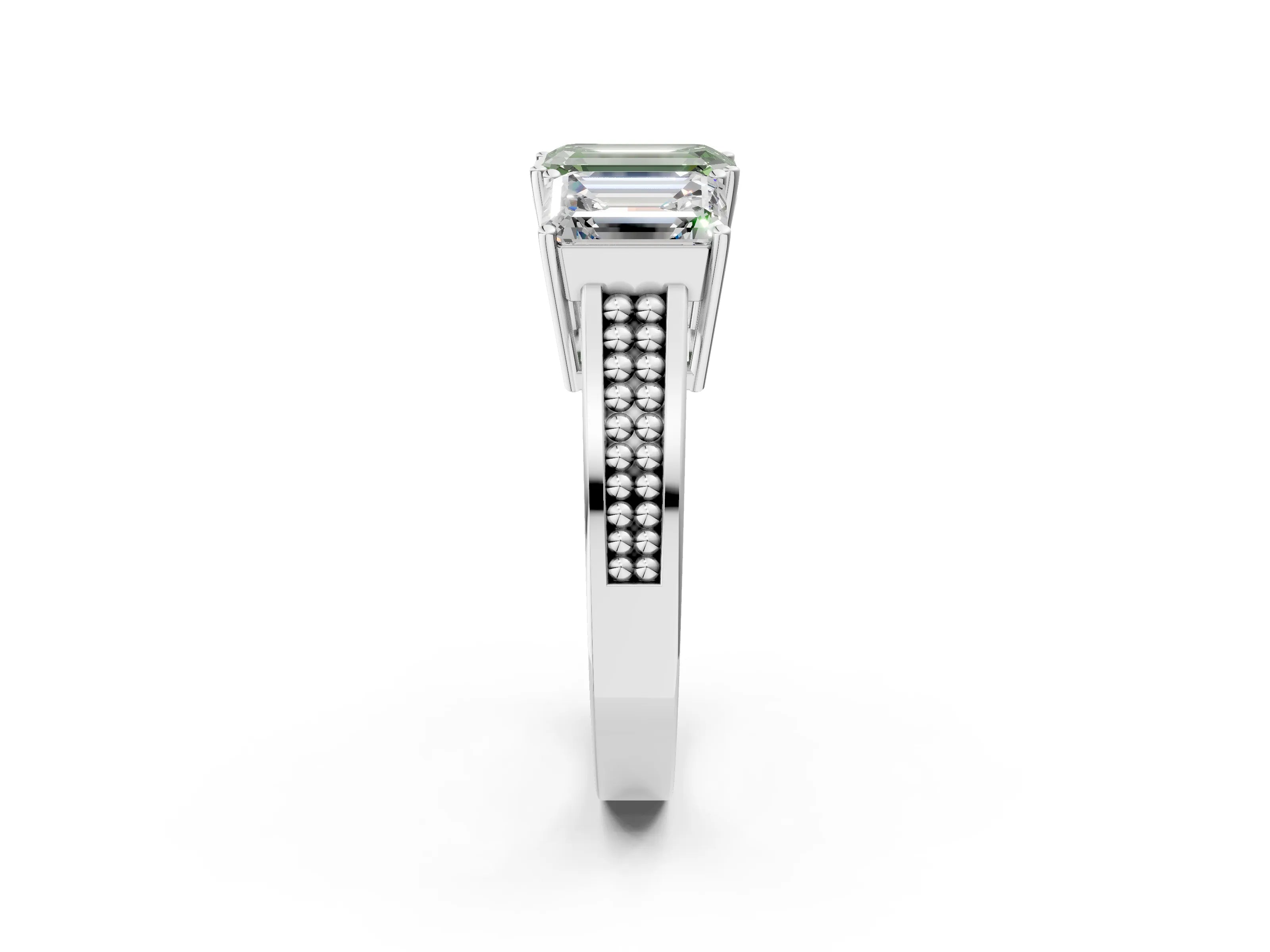 White gold Fancy Green Emerald Cut Diamond Three-Stone Ring with Prong Setting and Textured Band_14