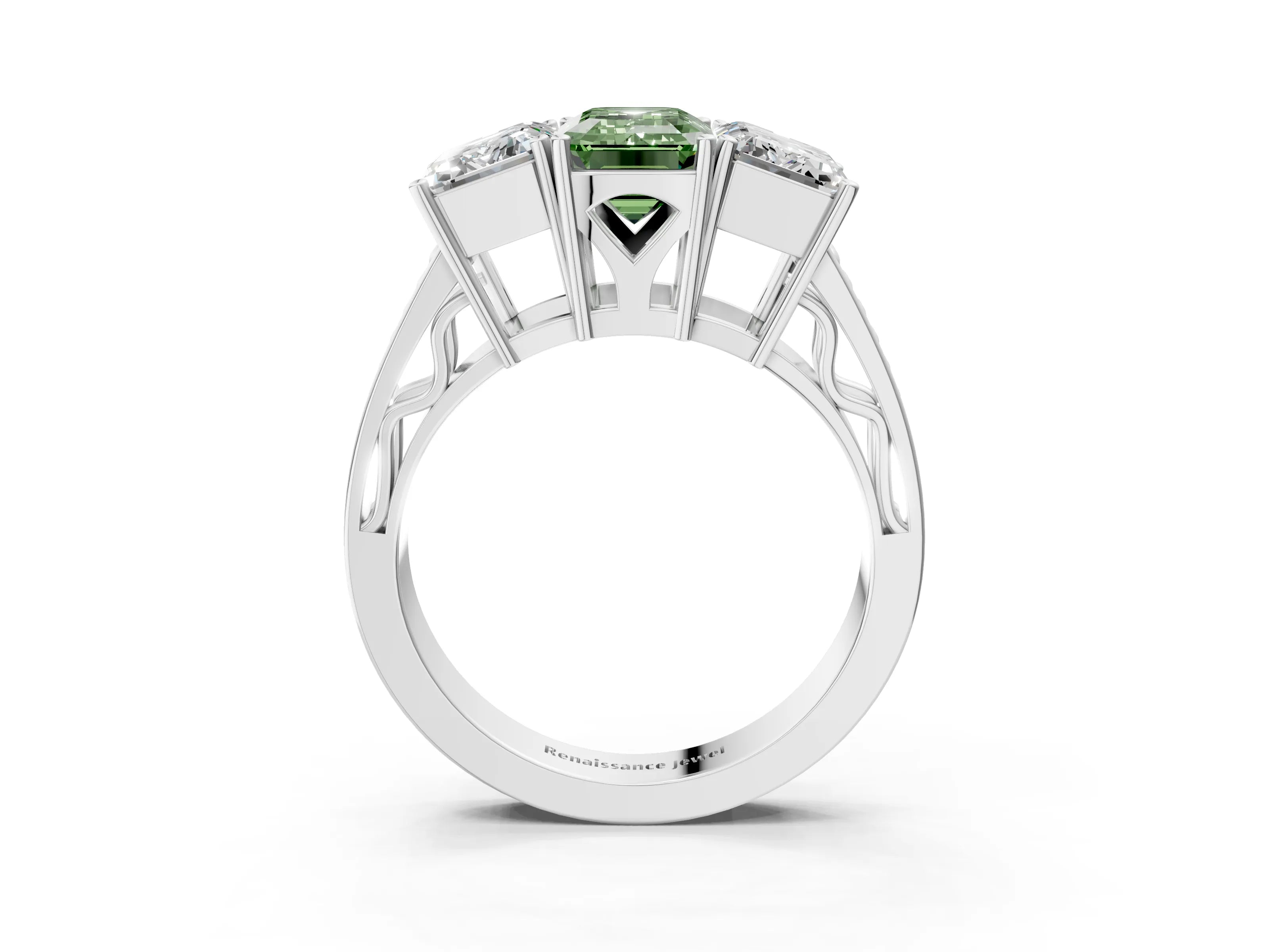 White gold Fancy Green Emerald Cut Diamond Three-Stone Ring with Prong Setting and Textured Band_15