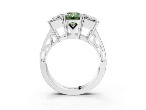 White gold Fancy Green Emerald Cut Diamond Three-Stone Ring with Prong Setting and Textured Band_15
