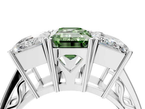 White gold Fancy Green Emerald Cut Diamond Three-Stone Ring with Prong Setting and Textured Band_16