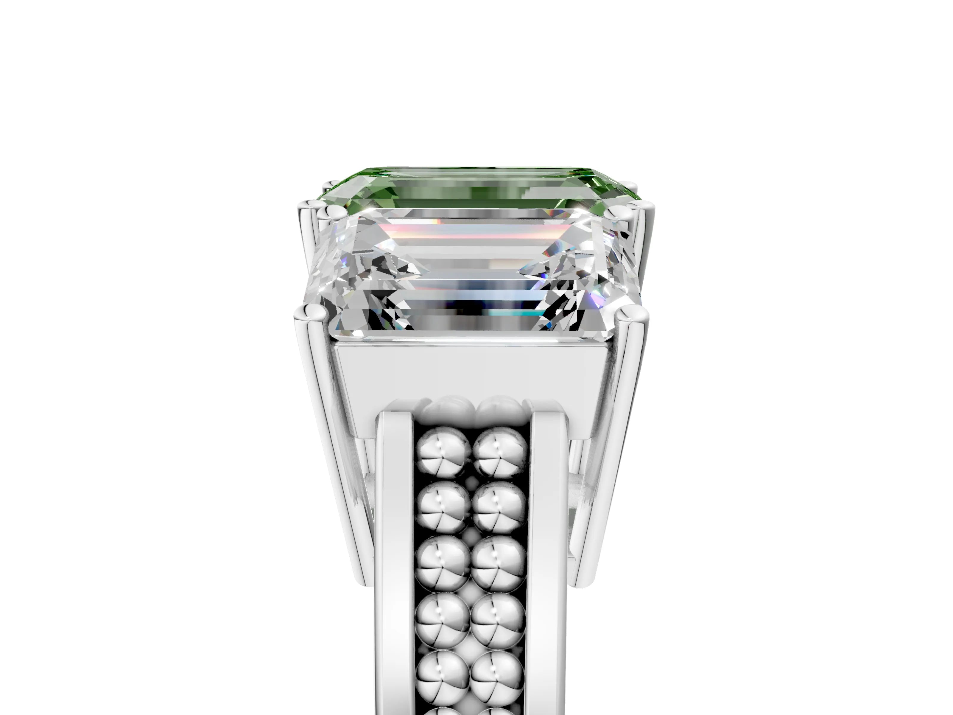 White gold Fancy Green Emerald Cut Diamond Three-Stone Ring with Prong Setting and Textured Band_17