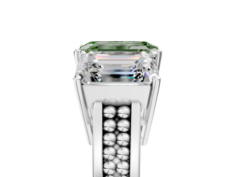 White gold Fancy Green Emerald Cut Diamond Three-Stone Ring with Prong Setting and Textured Band_17