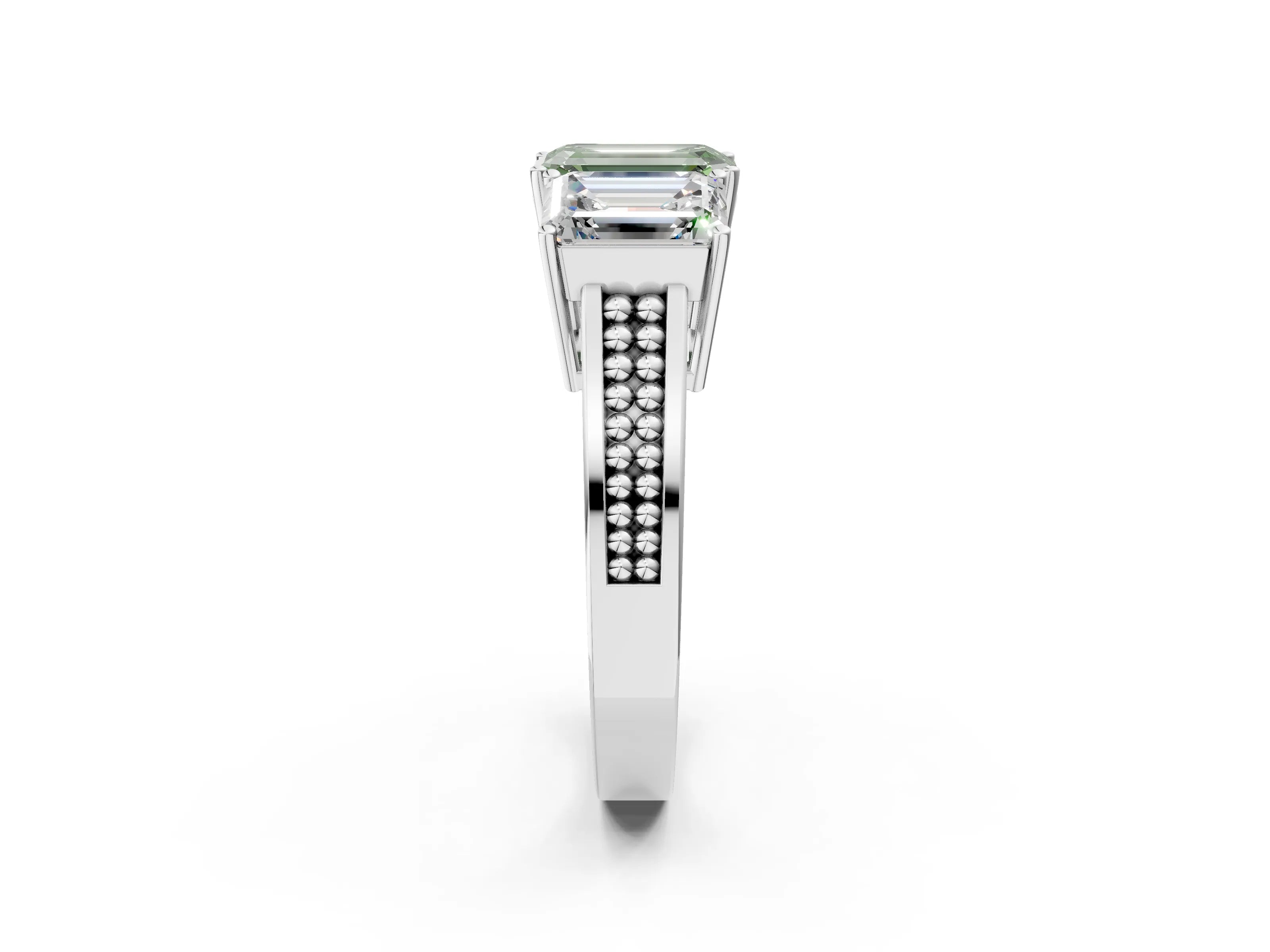 White gold Fancy Green Emerald Cut Diamond Three-Stone Ring with Prong Setting and Textured Band_2