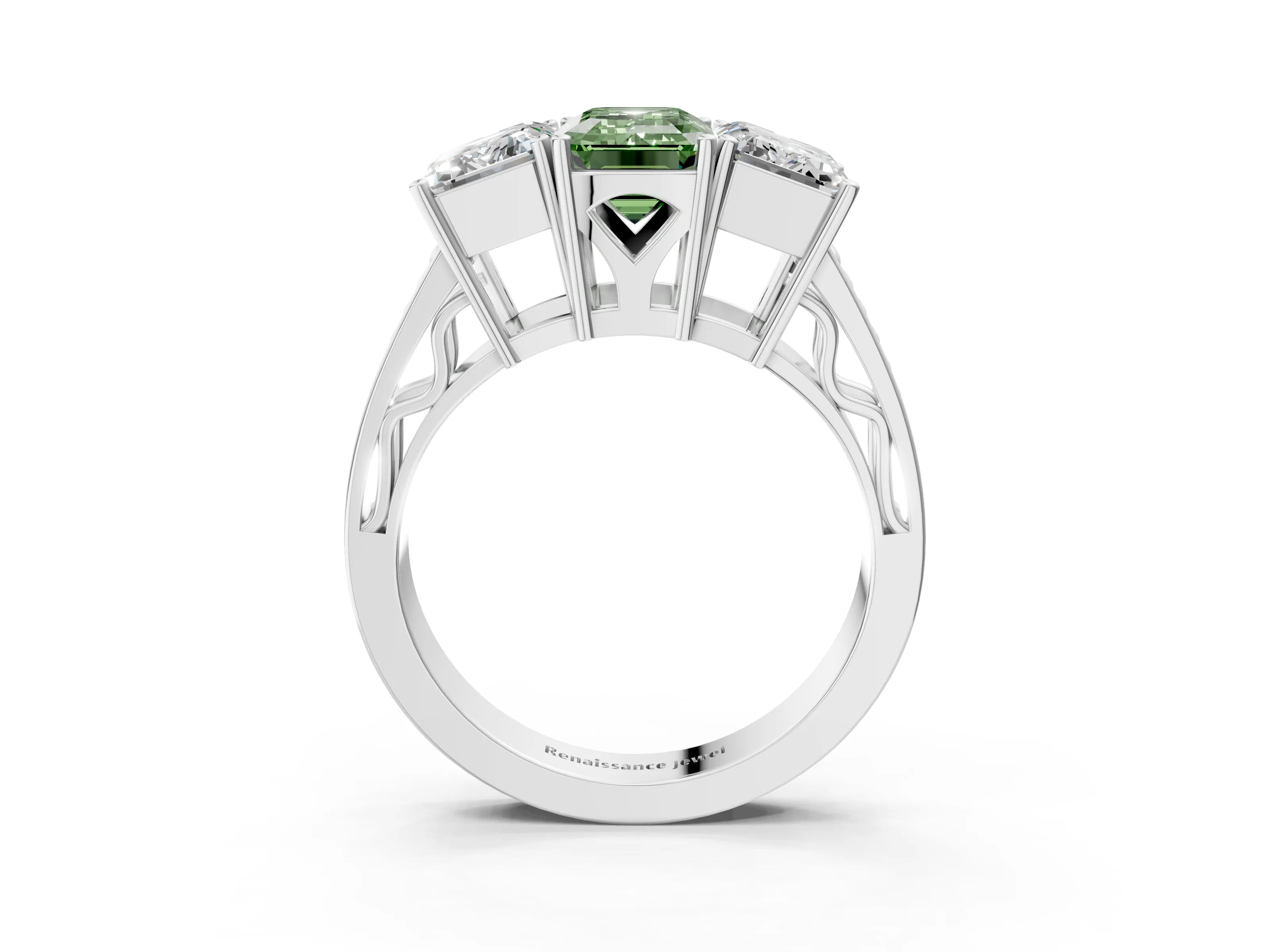 White gold Fancy Green Emerald Cut Diamond Three-Stone Ring with Prong Setting and Textured Band_3